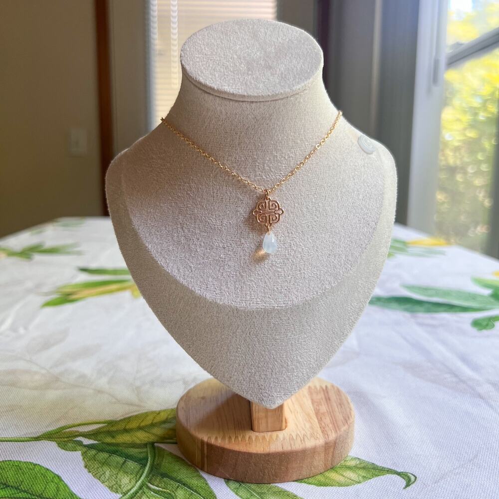 Moonstone Asian Knot Czech Glass Necklace, Opalescent Tibetan Casual Necklace